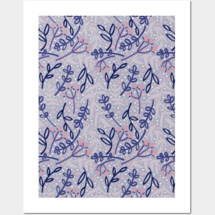 Botanicals and Dots - Hand Drawn Design - Blue, Pink, Purple, Indigo, and White Posters and Art